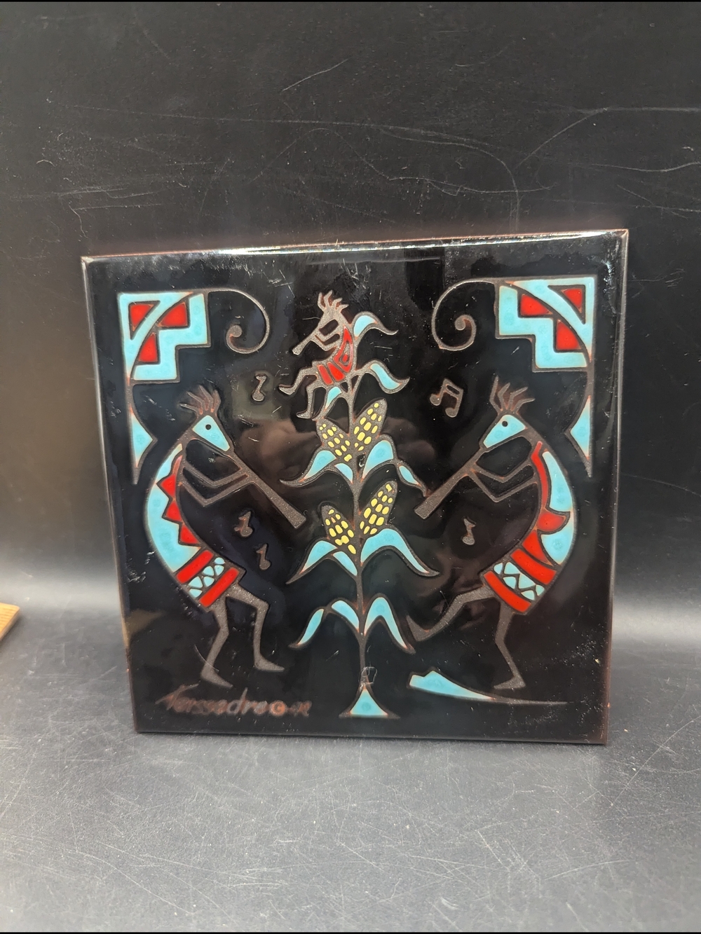 Vintage CLEO TEISSEDRE Ceramic Tile 6x6 Kokopelli Corn New Beginnings Dance 1992